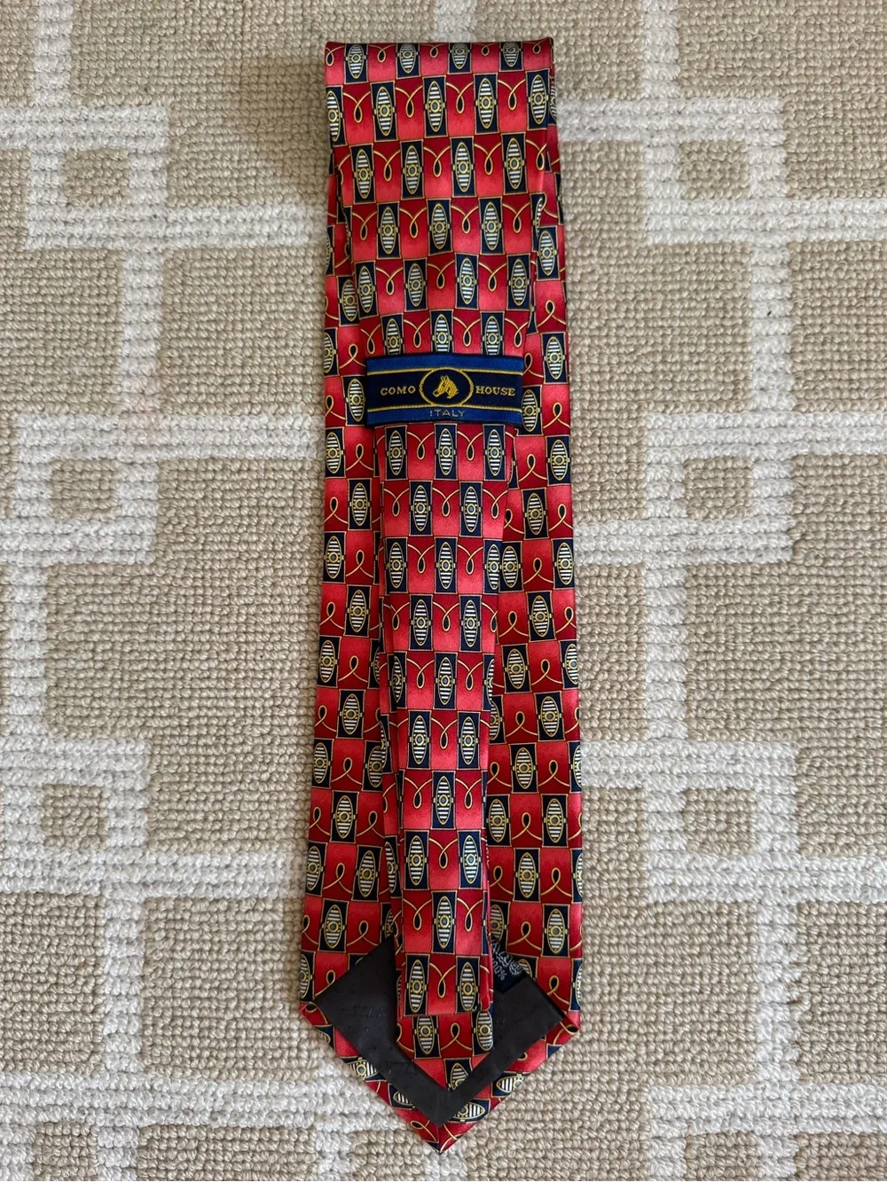 Como House Italy Vintage 100% Silk Tie Geometric Print Necktie Red Navy Gold